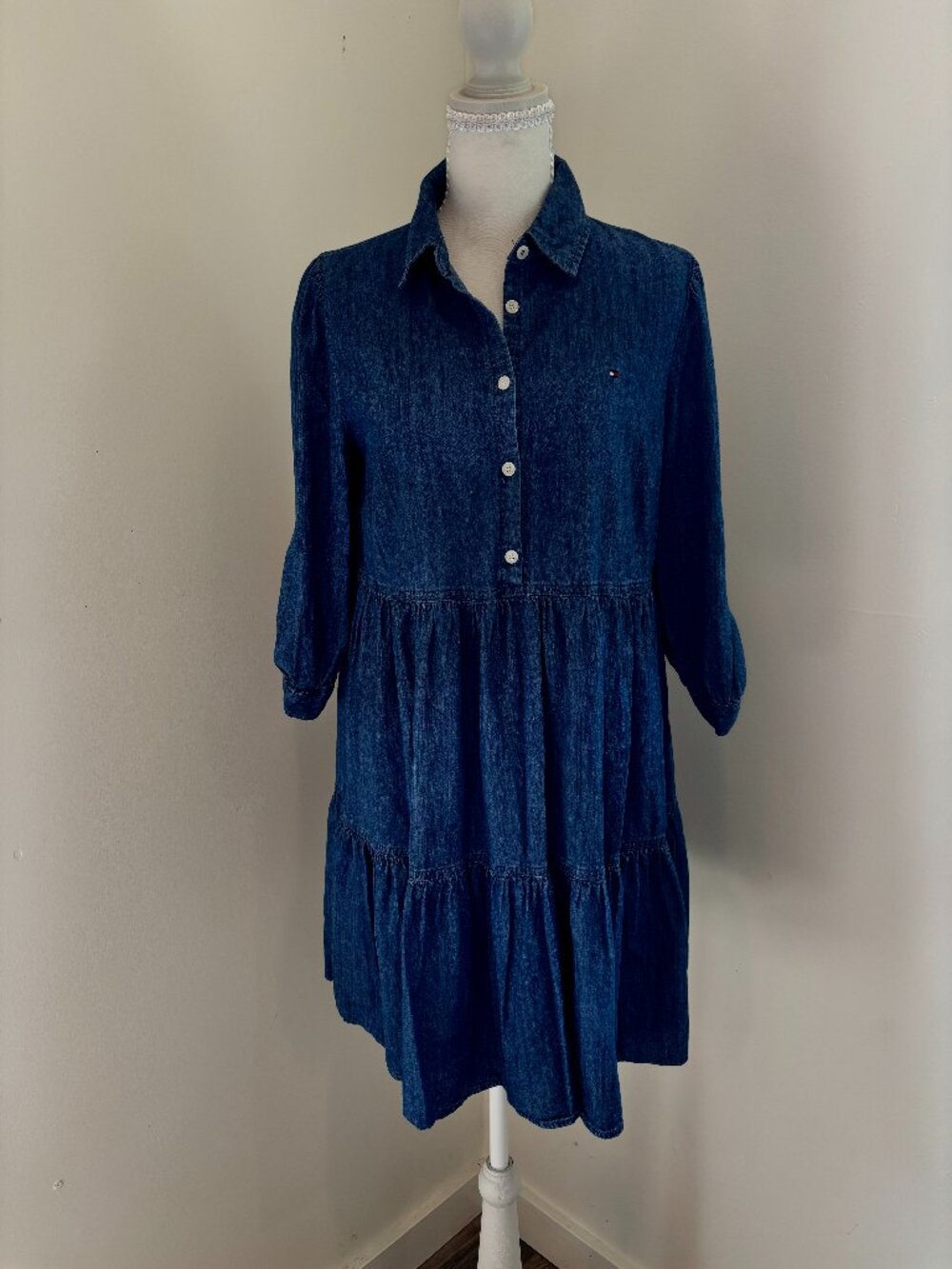 Tommy Hilfiger‎ Ruffle Hem Chambray Roll Sleeve Shirt Dress